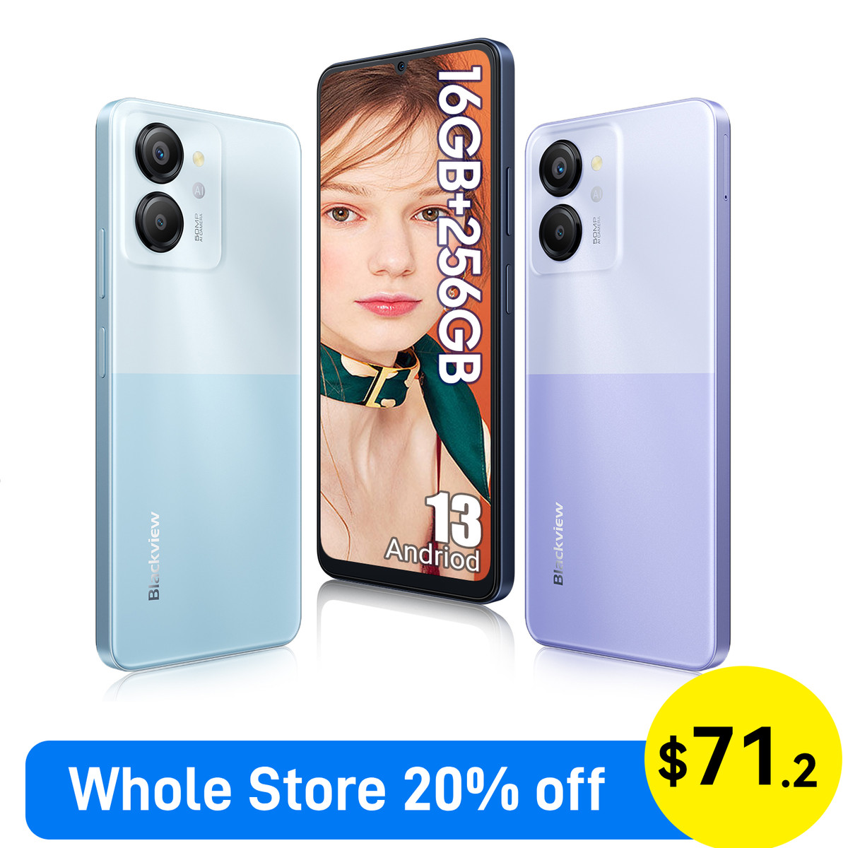 Blackview COLOR 8 Smartphone 16GB+256GB 6.75″ 6000mAh Android 13 50MP Unlocked