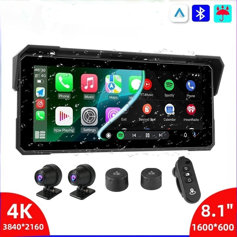 8.1in Waterproof Motorcycle 4K DVR Wireless Carplay Android Auto Moto Recorder
