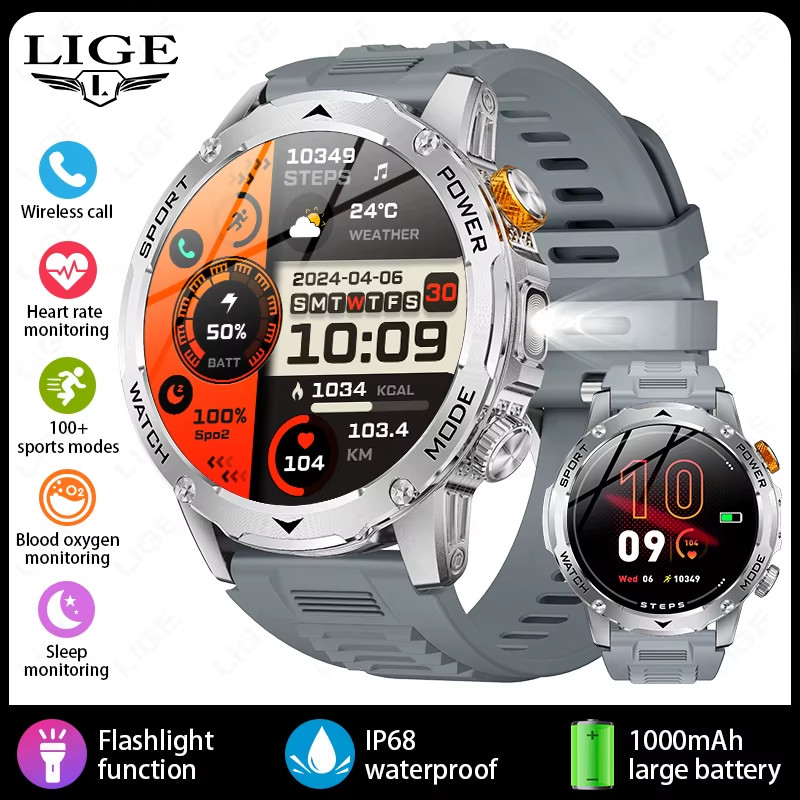New Smart Watch Men 1000Mah Large Capacity Battery Outdoor Flashlight Bluetooth