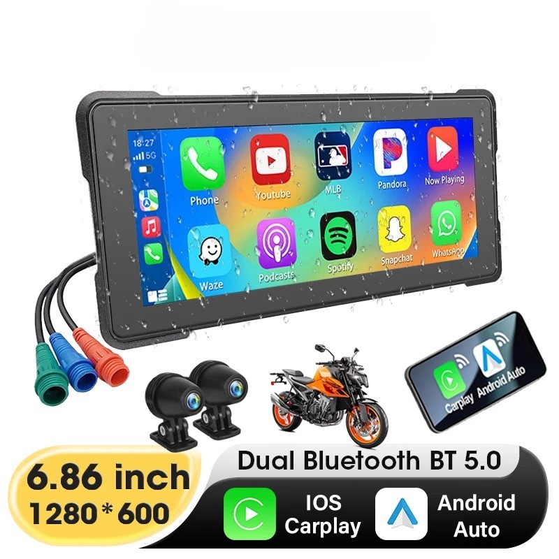 6.86 inch Motorcycle DVR Wireless Carplay Android Auto Dash Cam Dual BT Camera