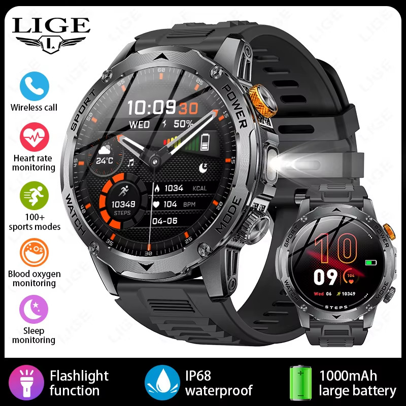 New Smart Watch Men 1000Mah Large Capacity Battery Outdoor Flashlight Bluetooth