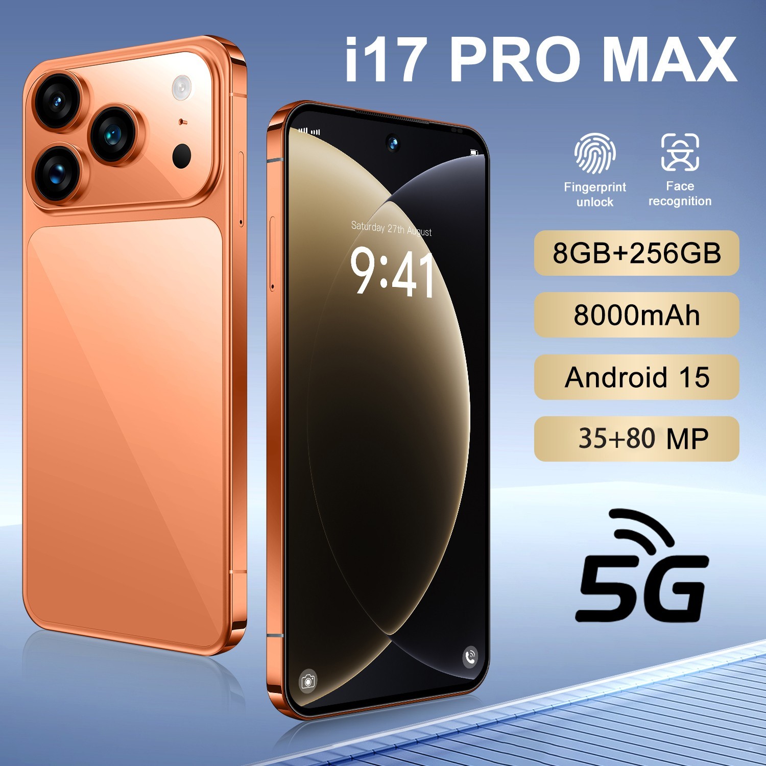 I17 Pro Max Unlocked Phone 5G,  8GB+256GB Dual SIM Cell Phone，6.8″ HD Display